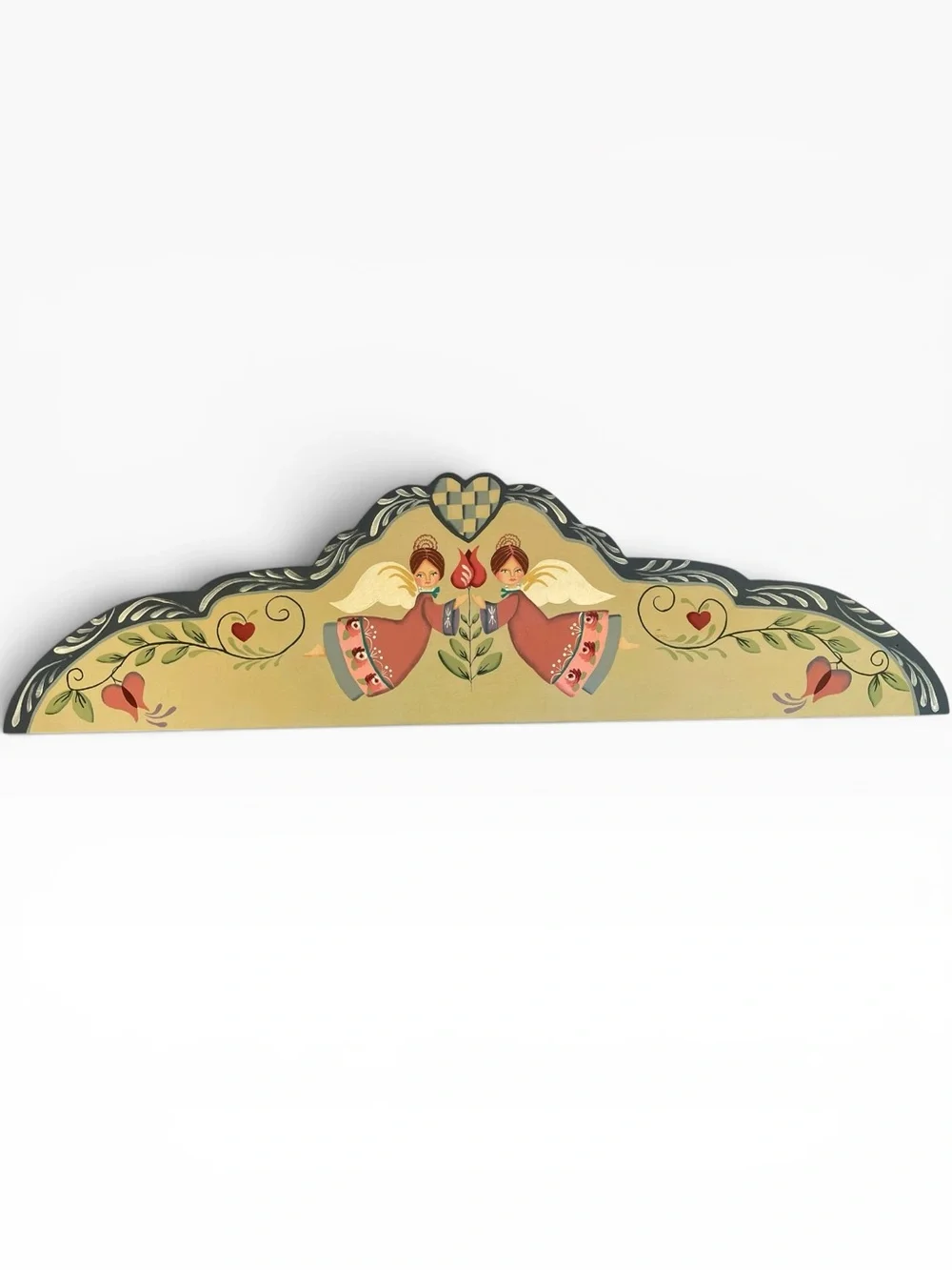 Vintage Folk Art Hand Painted Wooden Door Topper Angels Hearts Cottagecore